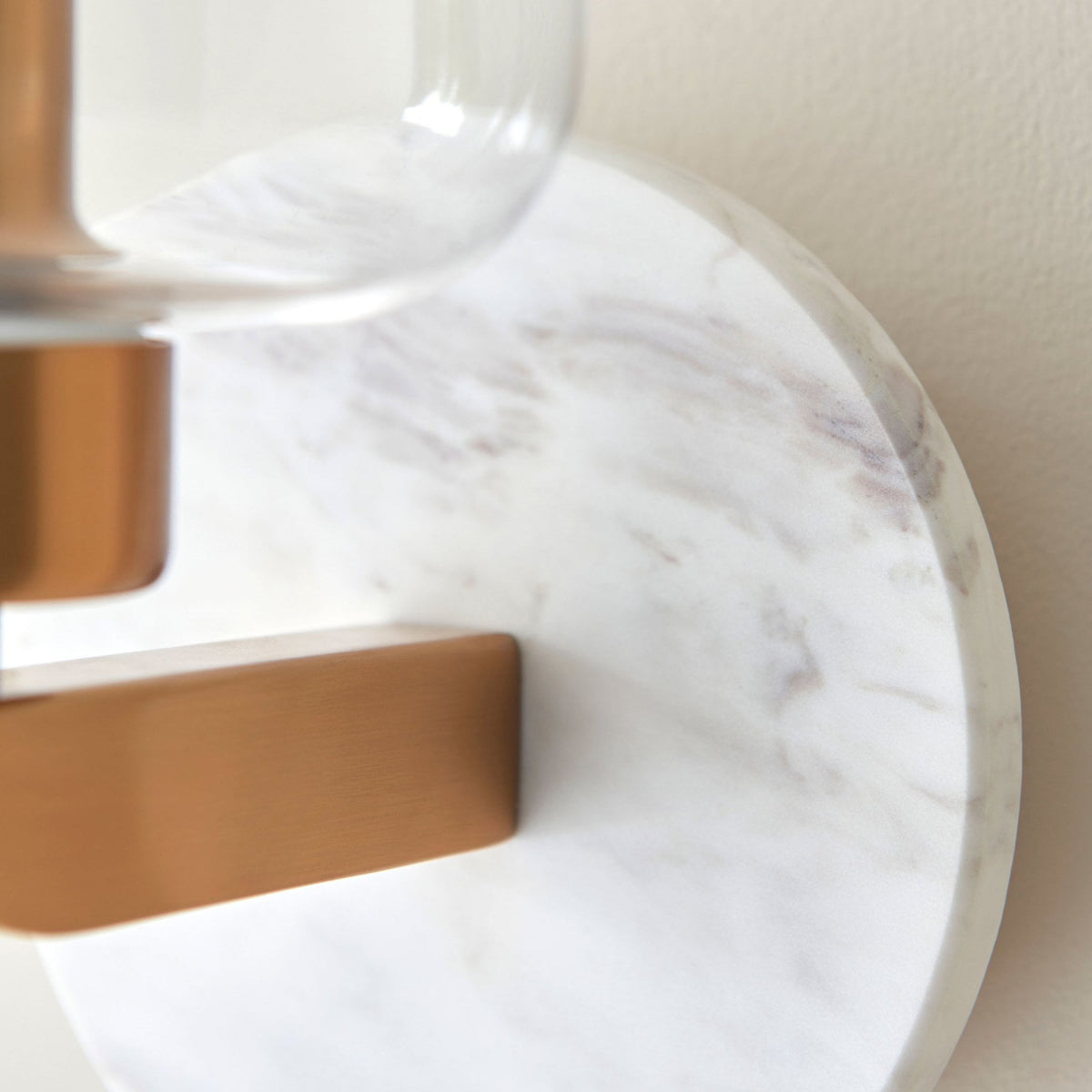 Travi Wall Light in Vintage Brass & White Volakas Marble with Clear Glass Shade