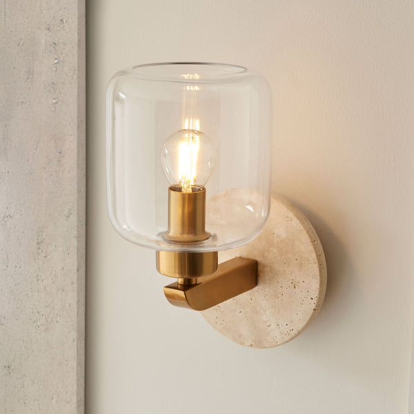 Travi Wall Light in Vintage Brass & Natural Travertine Stone with Clear Glass Shade