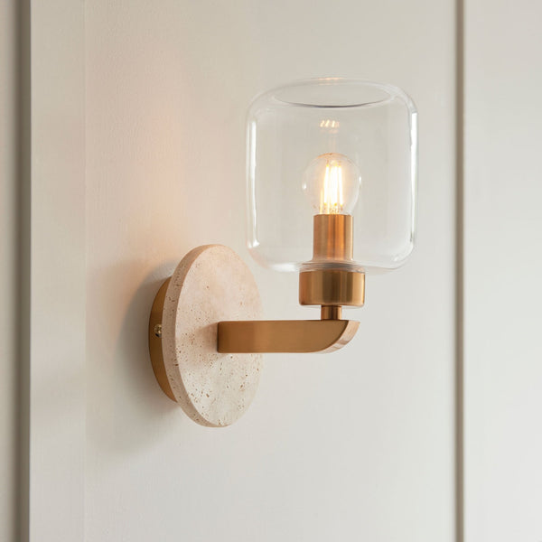 Travi Wall Light in Vintage Brass & Natural Travertine Stone with Clear Glass Shade