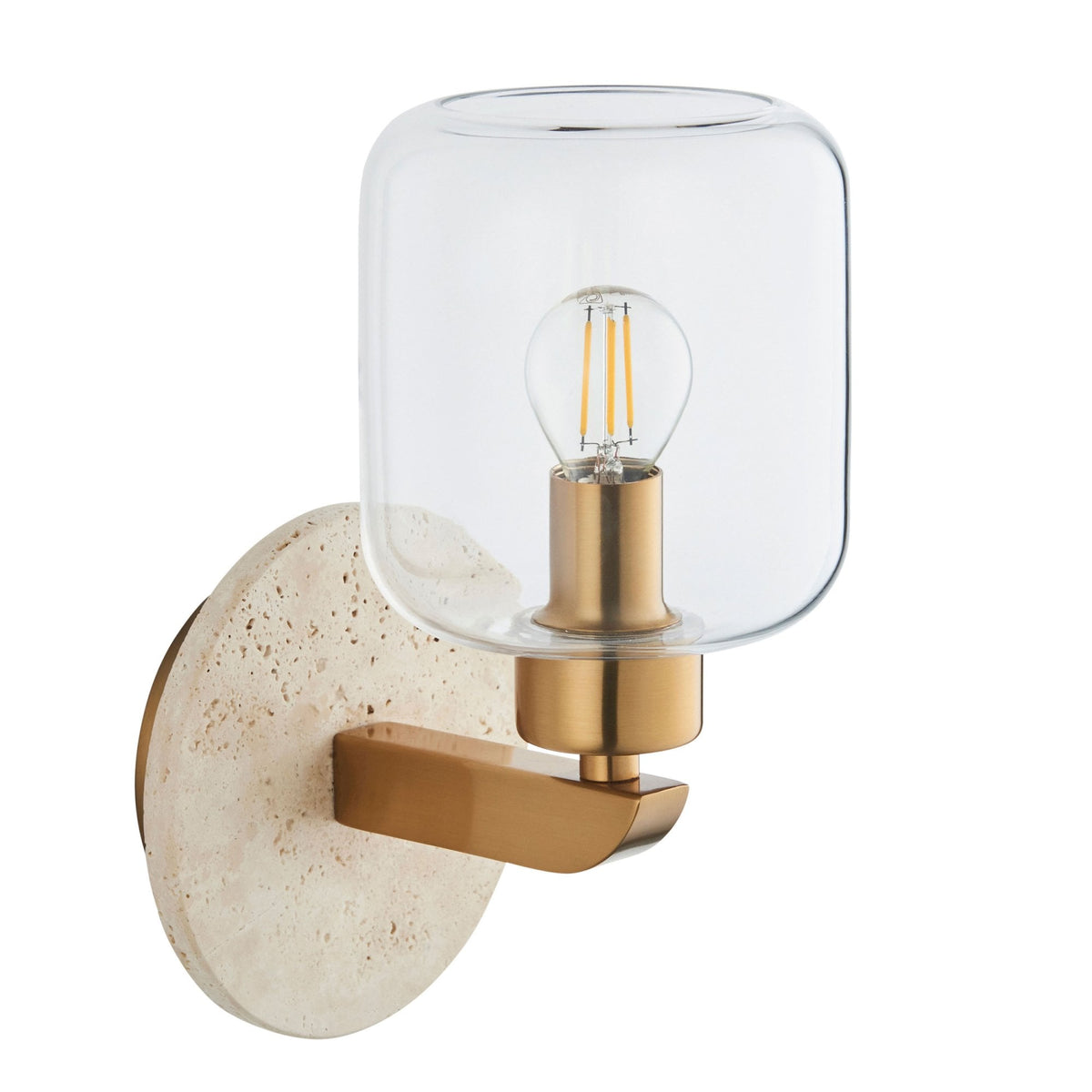 Travi Wall Light in Vintage Brass & Natural Travertine Stone with Clear Glass Shade