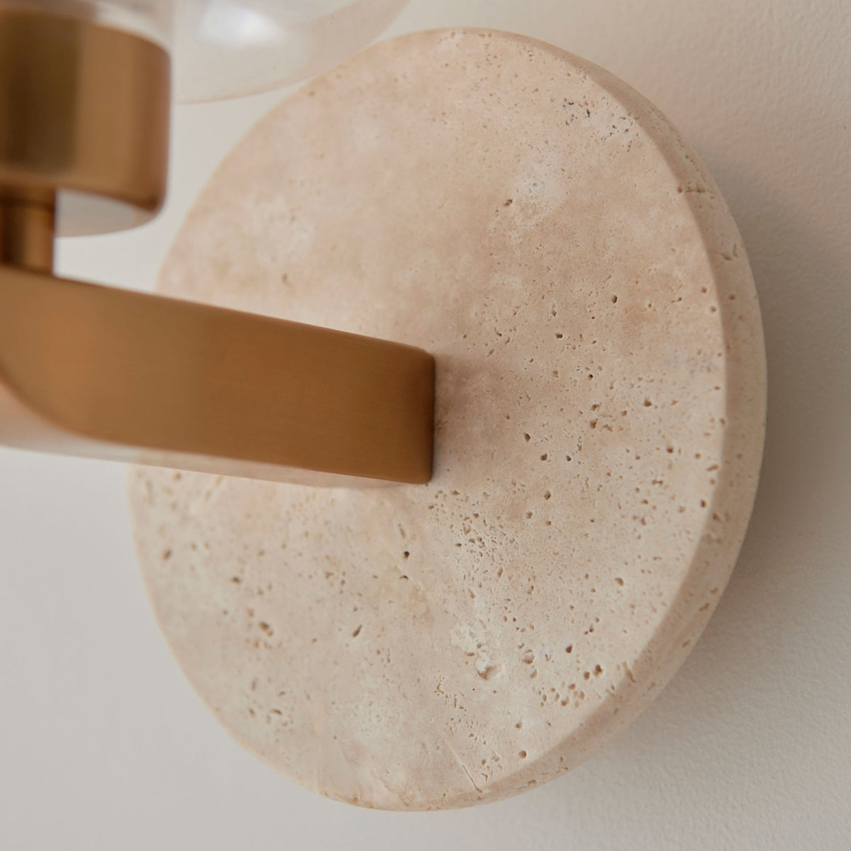 Travi Wall Light in Vintage Brass & Natural Travertine Stone with Clear Glass Shade