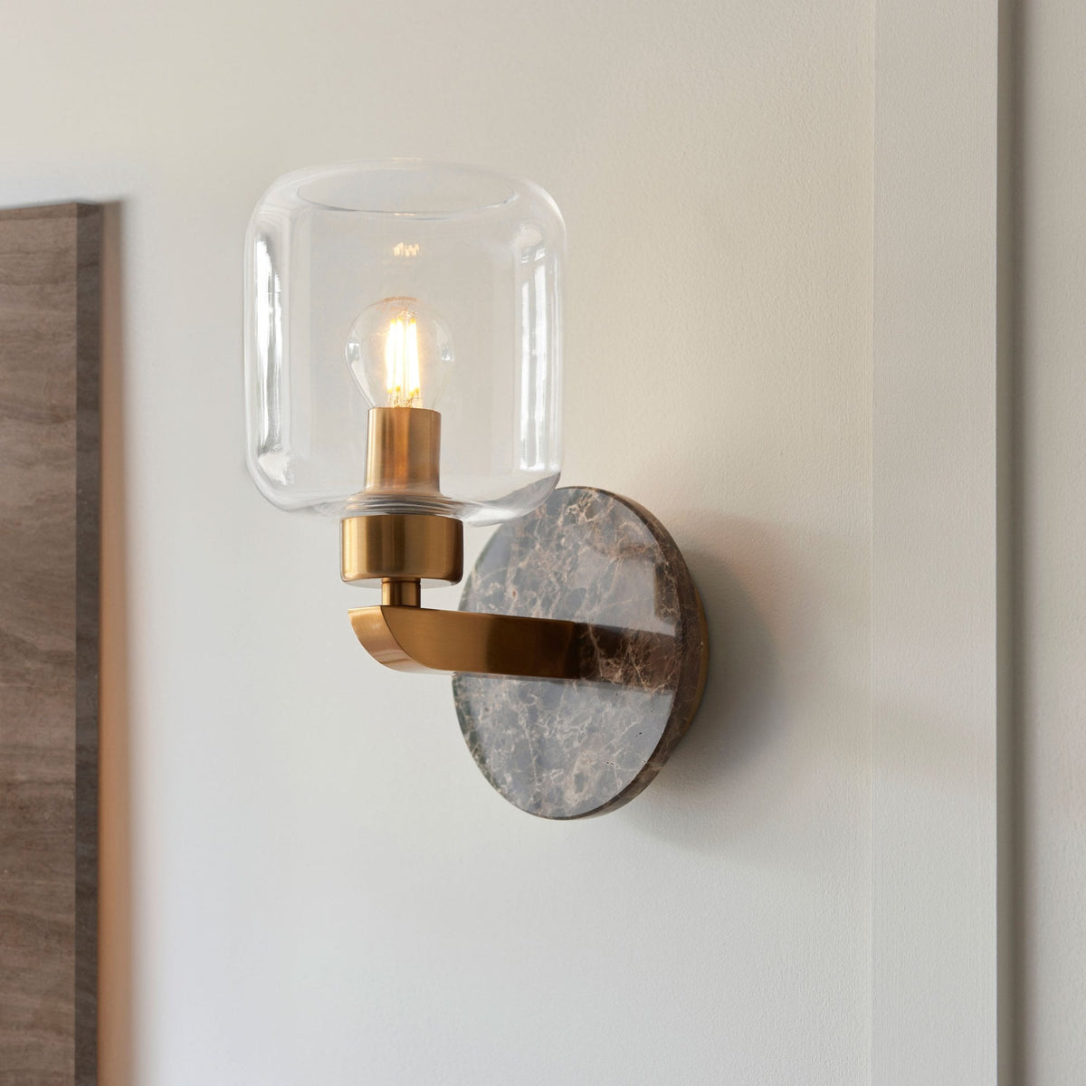 Travi Wall Light in Vintage Brass & Dark Brown Emperador Marble with Clear Glass Shade