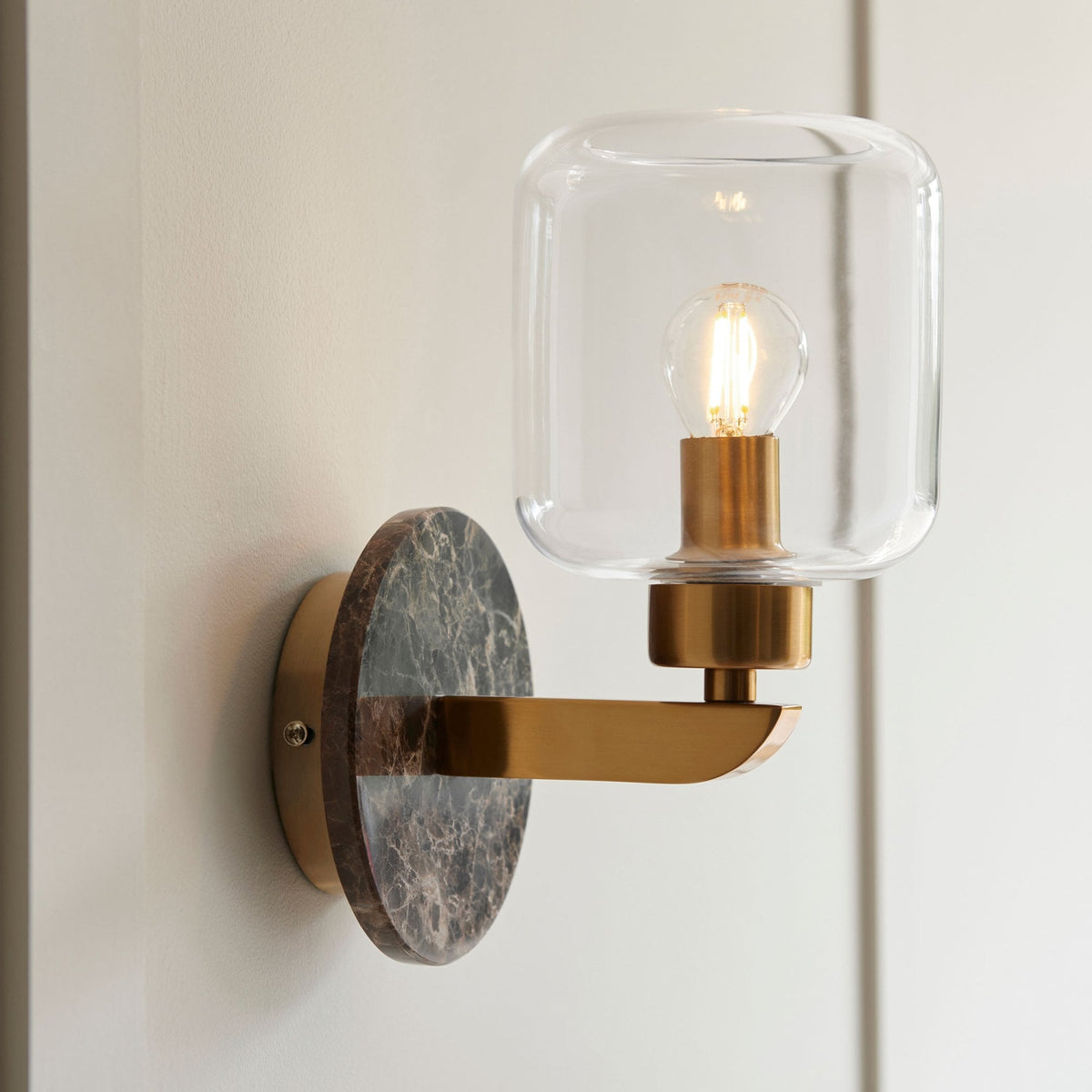 Travi Wall Light in Vintage Brass & Dark Brown Emperador Marble with Clear Ribbed Glass Shade