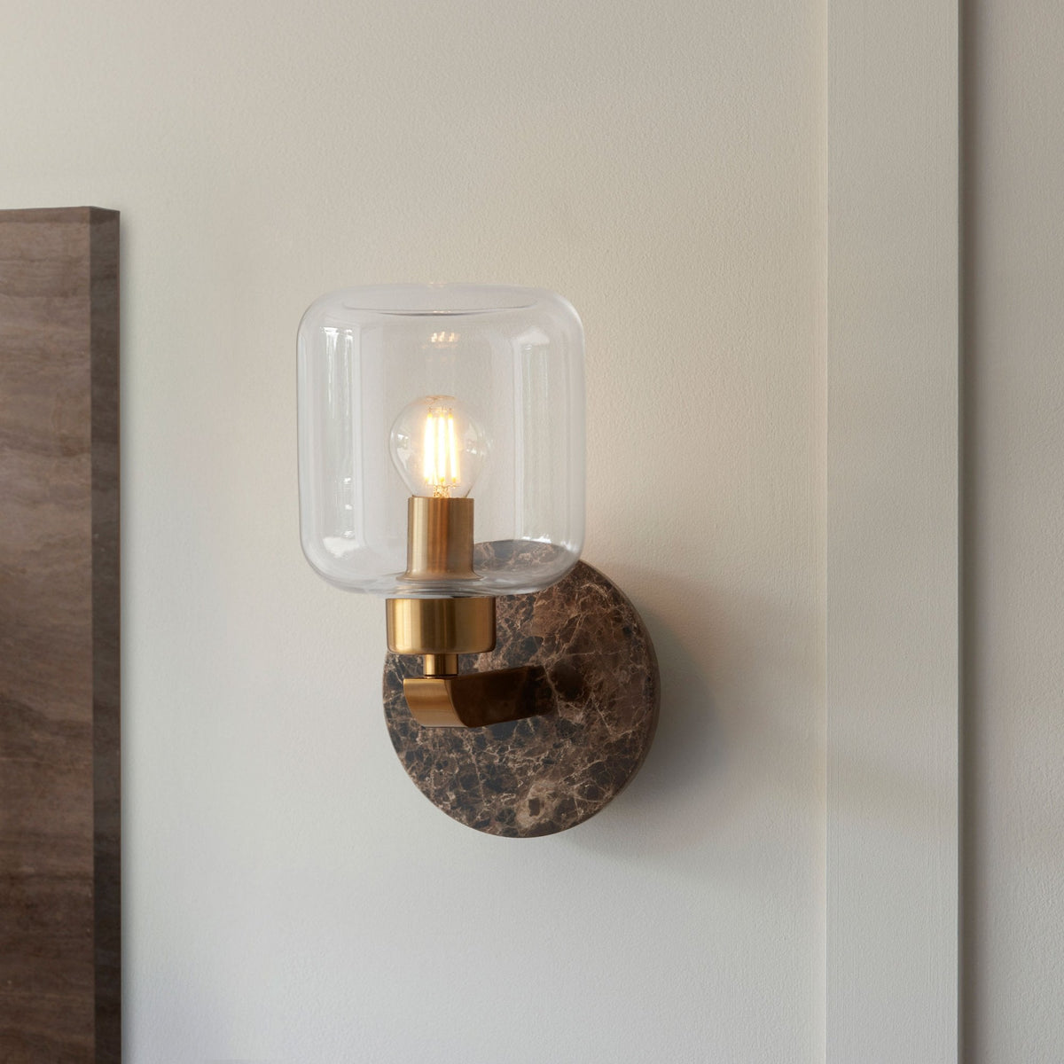 Travi Wall Light in Vintage Brass & Dark Brown Emperador Marble with Clear Ribbed Glass Shade