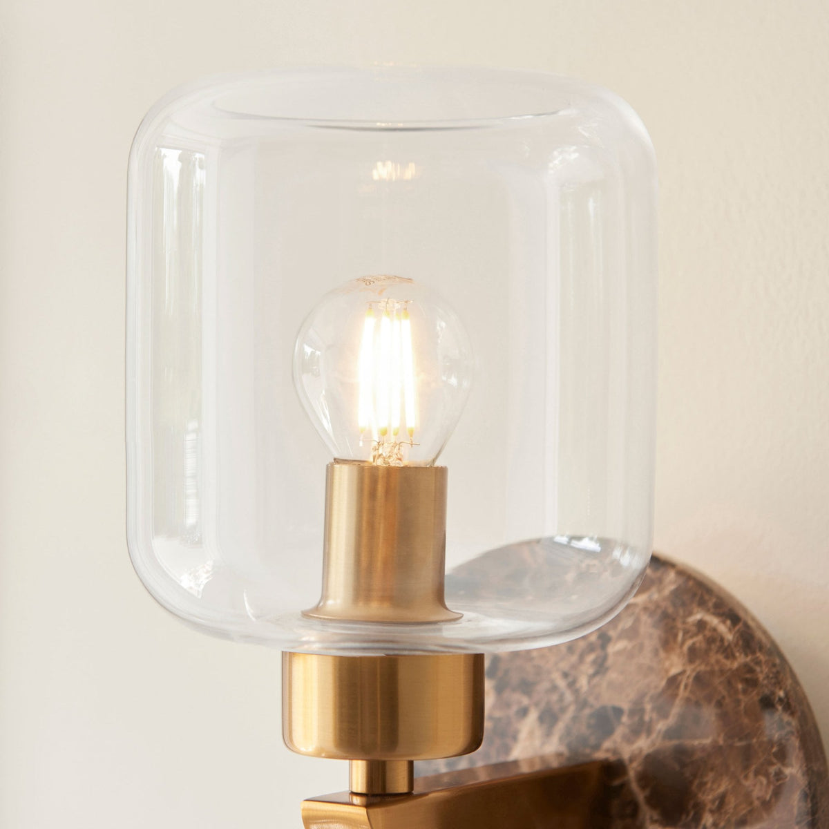 Travi Wall Light in Vintage Brass & Dark Brown Emperador Marble with Clear Glass Shade