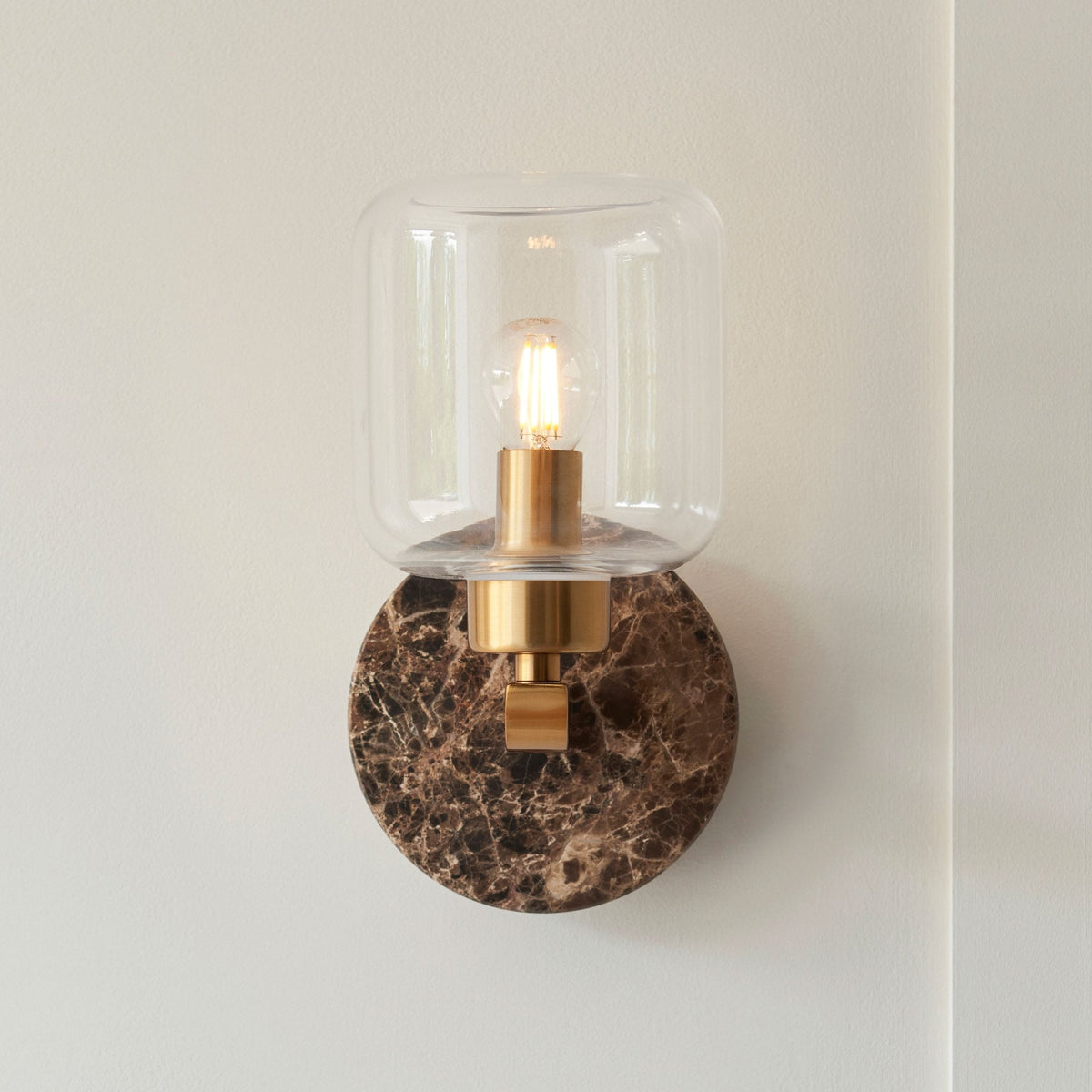 Travi Wall Light in Vintage Brass & Dark Brown Emperador Marble with Clear Ribbed Glass Shade
