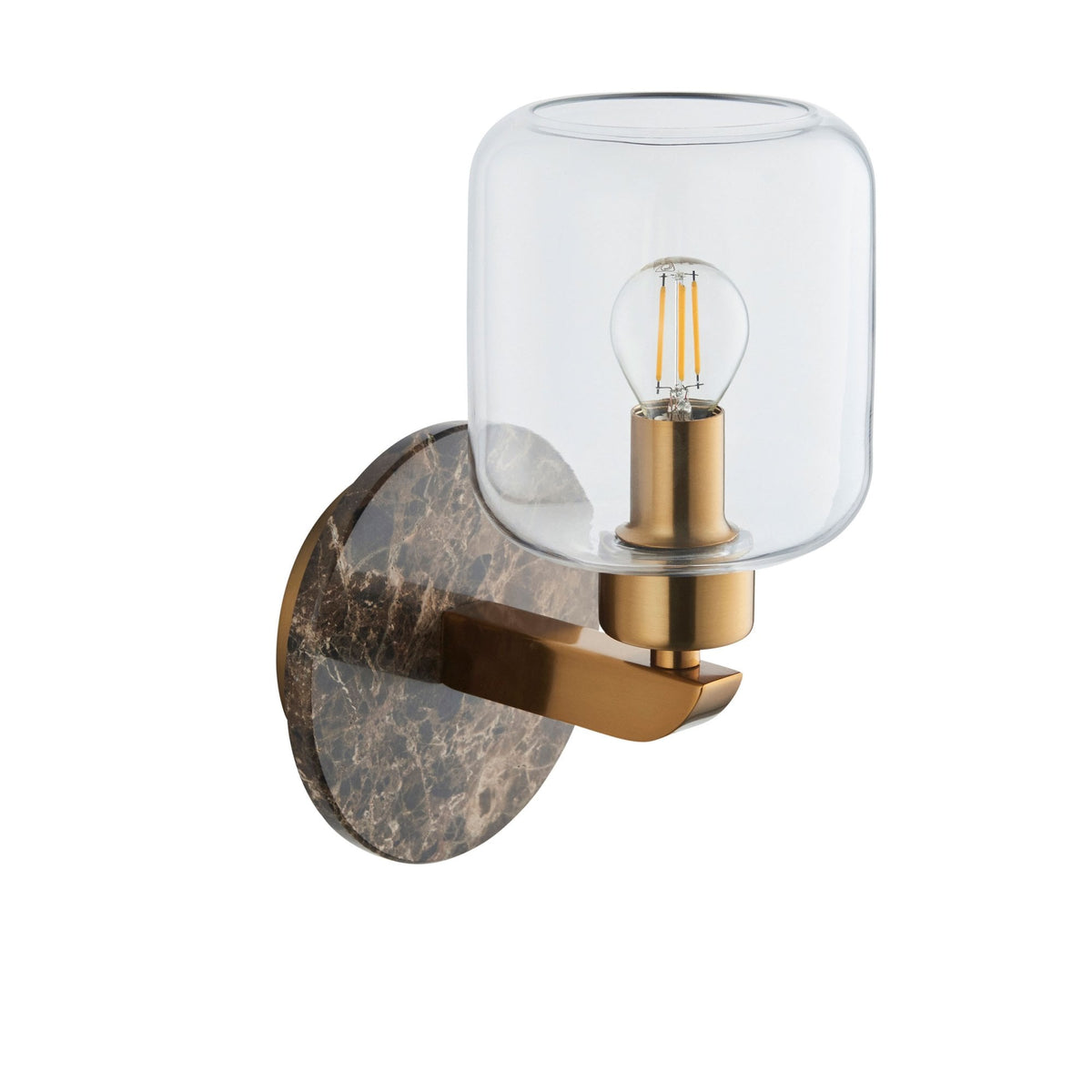 Travi Wall Light in Vintage Brass & Dark Brown Emperador Marble with Clear Ribbed Glass Shade