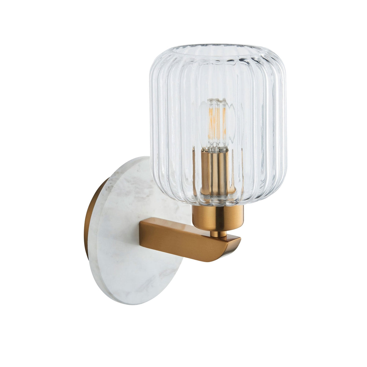 Travi Wall Light in Vintage Brass & White Volakas Marble with Clear Ribbed Glass Shade