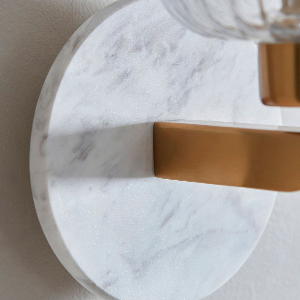Travi Wall Light in Vintage Brass & White Volakas Marble with Clear Ribbed Glass Shade