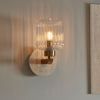 Travi Wall Light in Vintage Brass & Natural Travertine Stone with Clear Ribbed Glass Shade