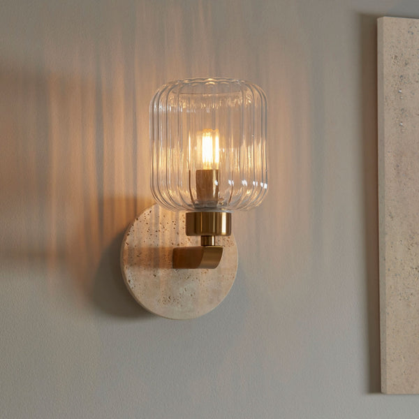 Travi Wall Light in Vintage Brass & Natural Travertine Stone with Clear Ribbed Glass Shade