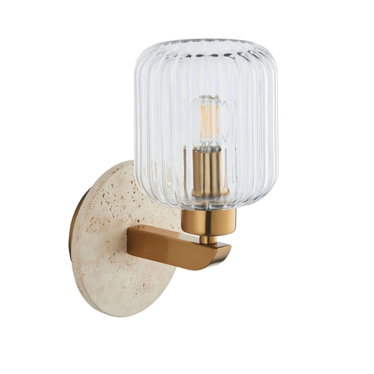 Travi Wall Light in Vintage Brass & Natural Travertine Stone with Clear Ribbed Glass Shade