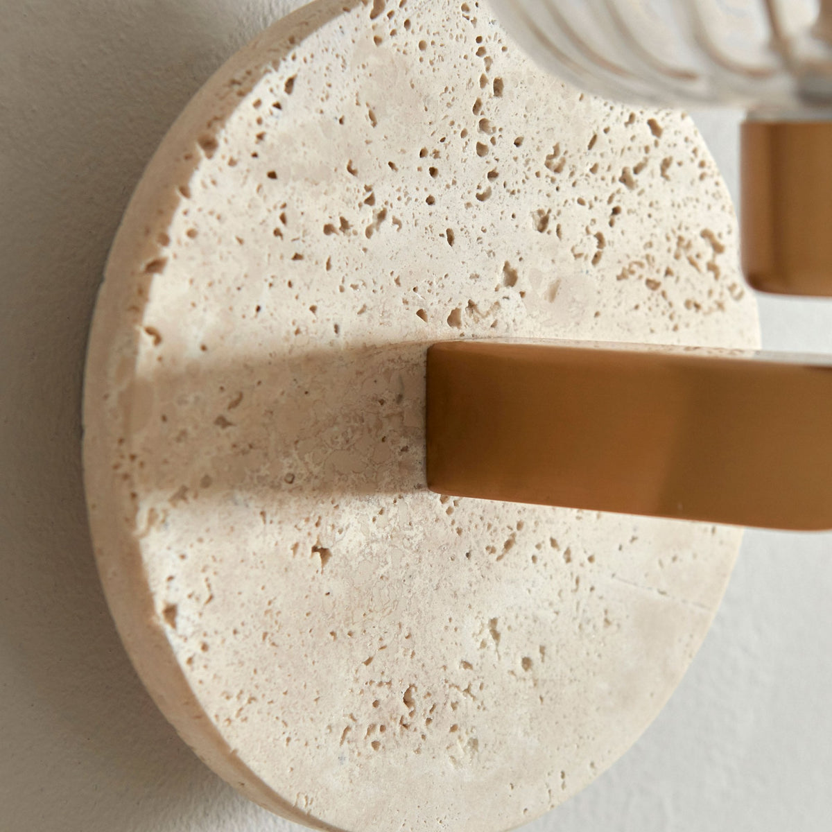 Travi Wall Light in Vintage Brass & Natural Travertine Stone with Clear Ribbed Glass Shade