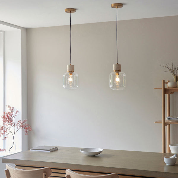 Travi Single Drop Pendant in Vintage Brass & Natural Travertine Stone with Clear Glass Shade