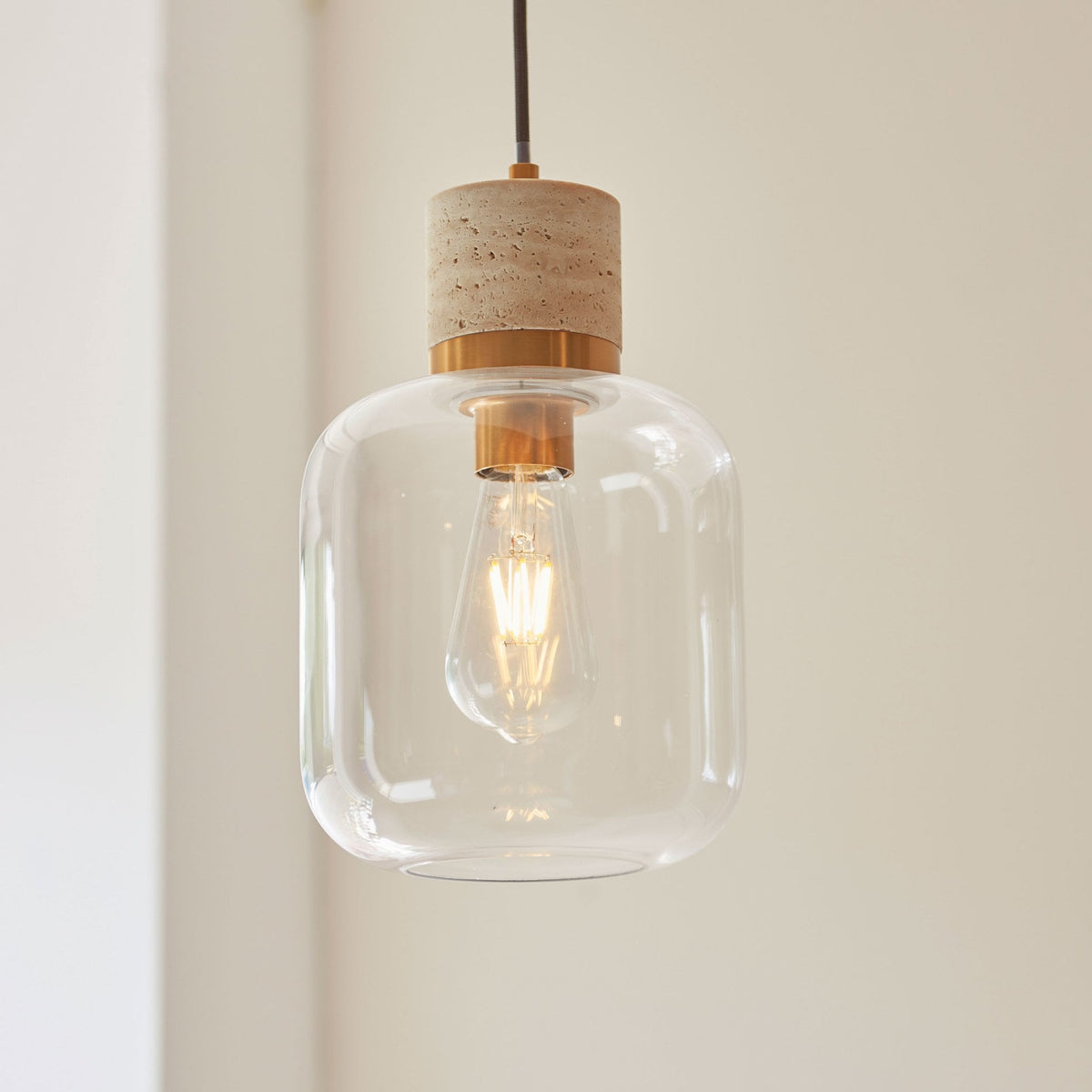Travi Single Drop Pendant in Vintage Brass & Natural Travertine Stone with Clear Glass Shade