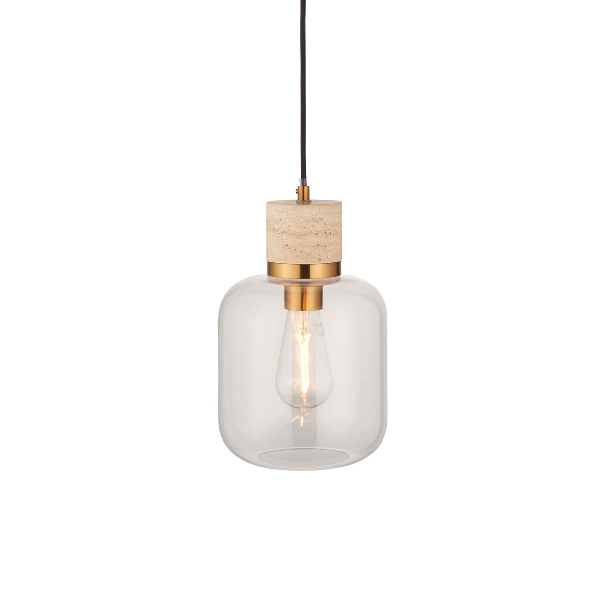 Travi Single Drop Pendant in Vintage Brass & Natural Travertine Stone with Clear Glass Shade