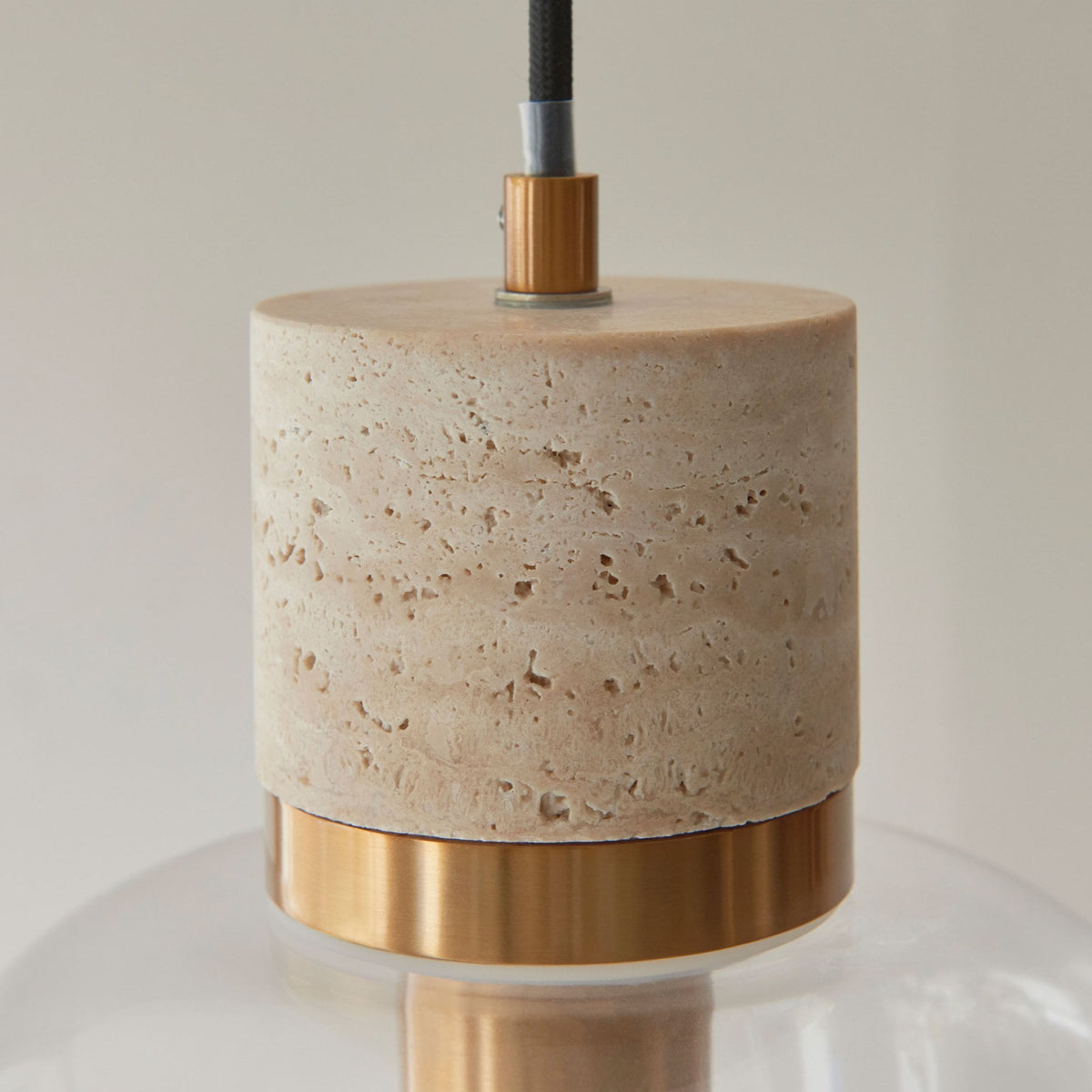 Travi Single Drop Pendant in Vintage Brass & Natural Travertine Stone with Clear Glass Shade