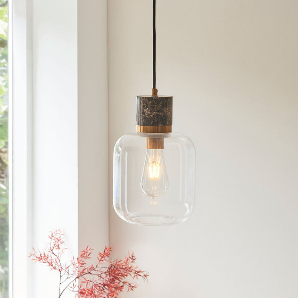 Travi Single Drop Pendant in Vintage Brass & Dark Brown Emperador Marble with Clear Glass Shade