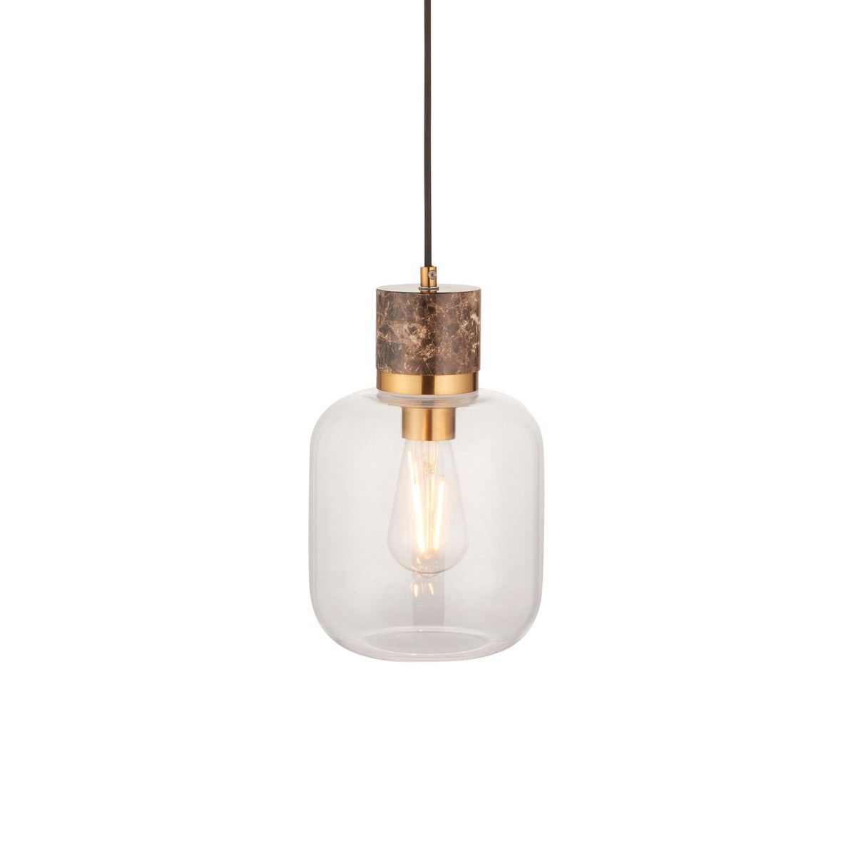 Travi Single Drop Pendant in Vintage Brass & Dark Brown Emperador Marble with Clear Glass Shade