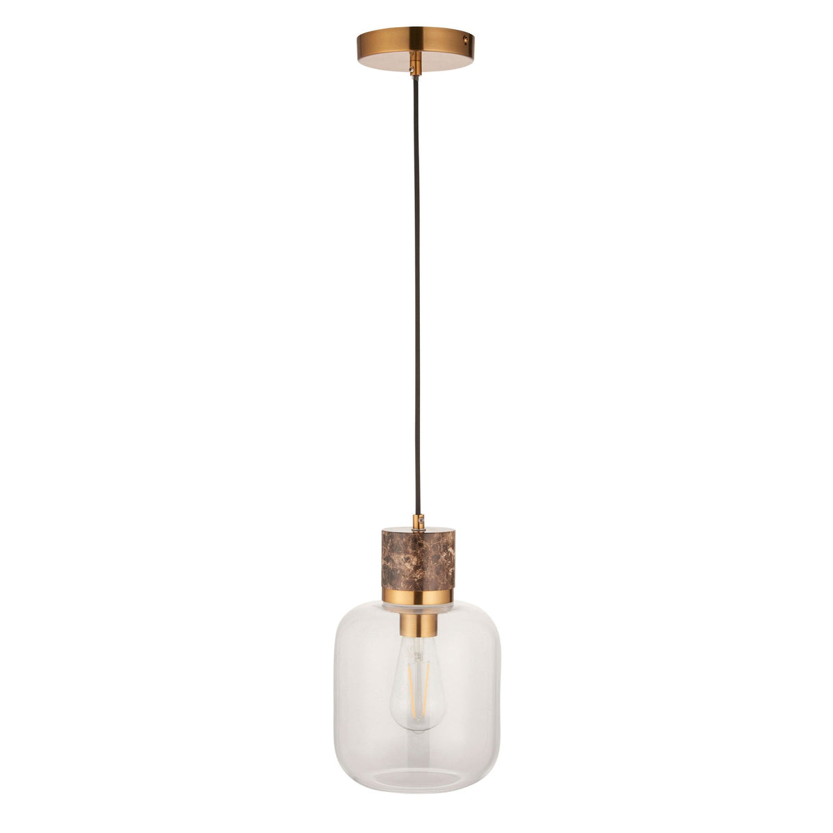 Travi Single Drop Pendant in Vintage Brass & Dark Brown Emperador Marble with Clear Glass Shade