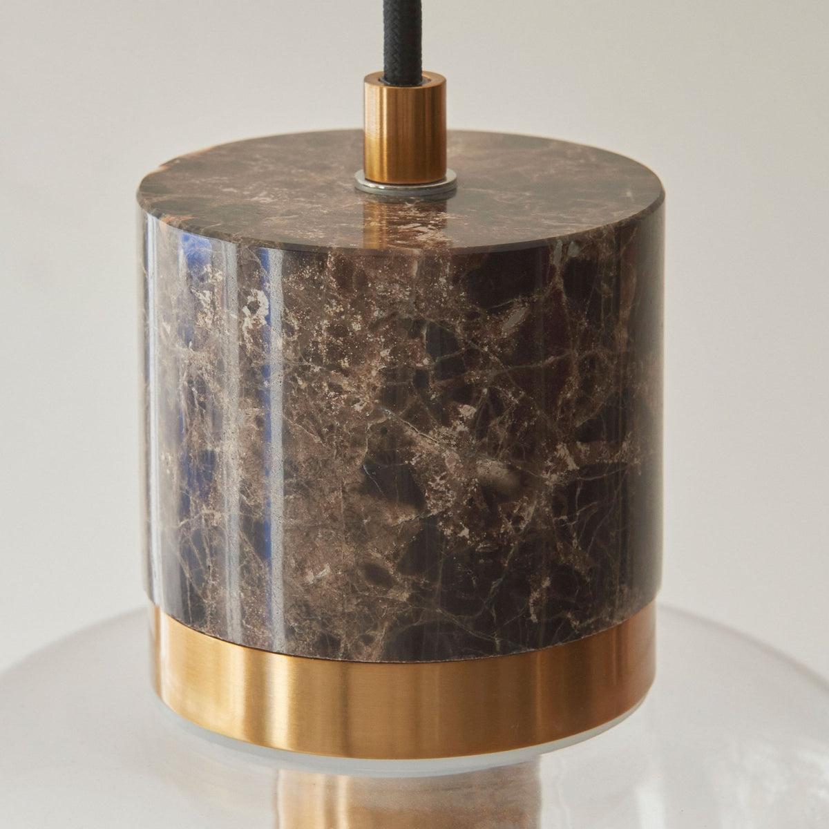 Travi Single Drop Pendant in Vintage Brass & Dark Brown Emperador Marble with Clear Glass Shade