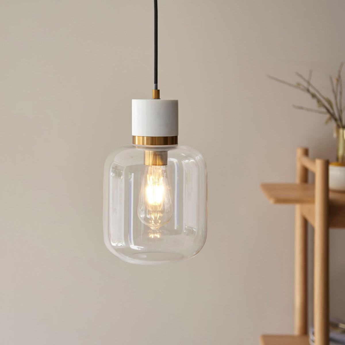 Travi Single Drop Pendant in Vintage Brass & White Volaskas Marble with Clear Glass Shade