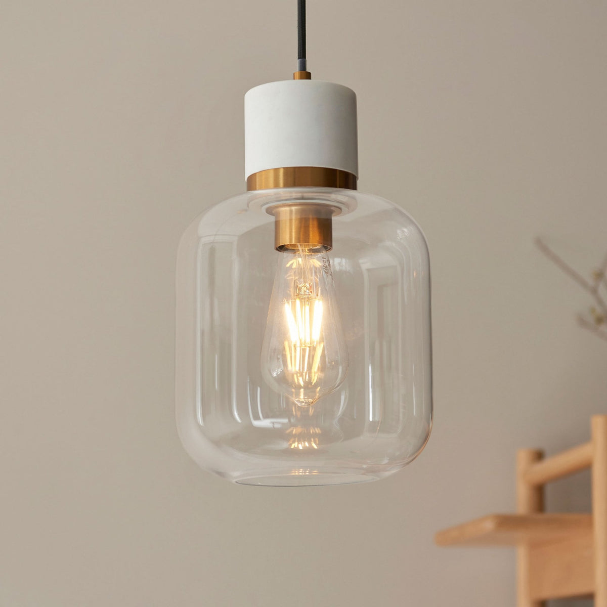 Travi Single Drop Pendant in Vintage Brass & White Volaskas Marble with Clear Glass Shade