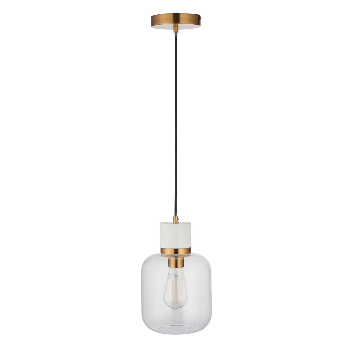 Travi Single Drop Pendant in Vintage Brass & White Volaskas Marble with Clear Glass Shade