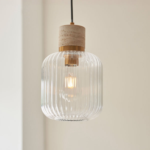 Travi Single Drop Pendant in Vintage Brass & Natural Travertine Stone with Clear Ribbed Glass Shade