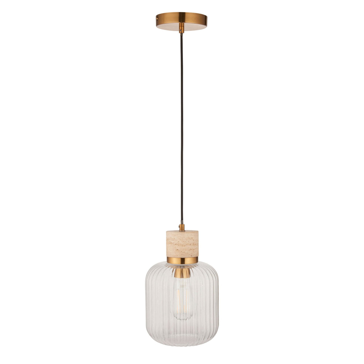 Travi Single Drop Pendant in Vintage Brass & Natural Travertine Stone with Clear Ribbed Glass Shade