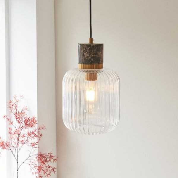 Travi Single Drop Pendant in Vintage Brass & Dark Brown Emperador Marble with Clear Ribbed Glass Shade