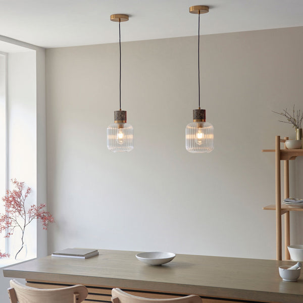 Travi Single Drop Pendant in Vintage Brass & Dark Brown Emperador Marble with Clear Ribbed Glass Shade