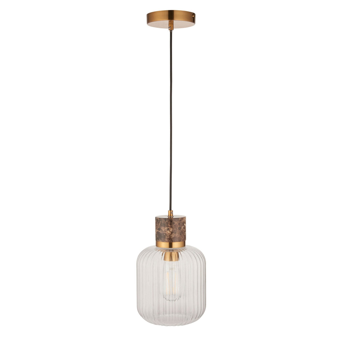 Full view of a single ribbed glass pendant light with a gold and marble top and a sleek black cord.
