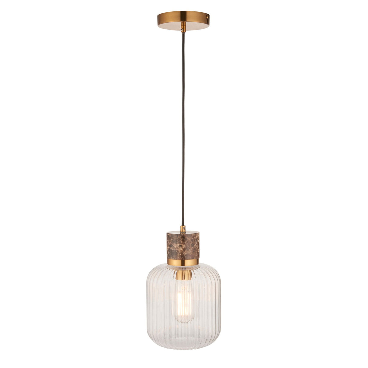 A single ribbed glass pendant light featuring a golden ceiling rose, marble detail, and a clear bulb.