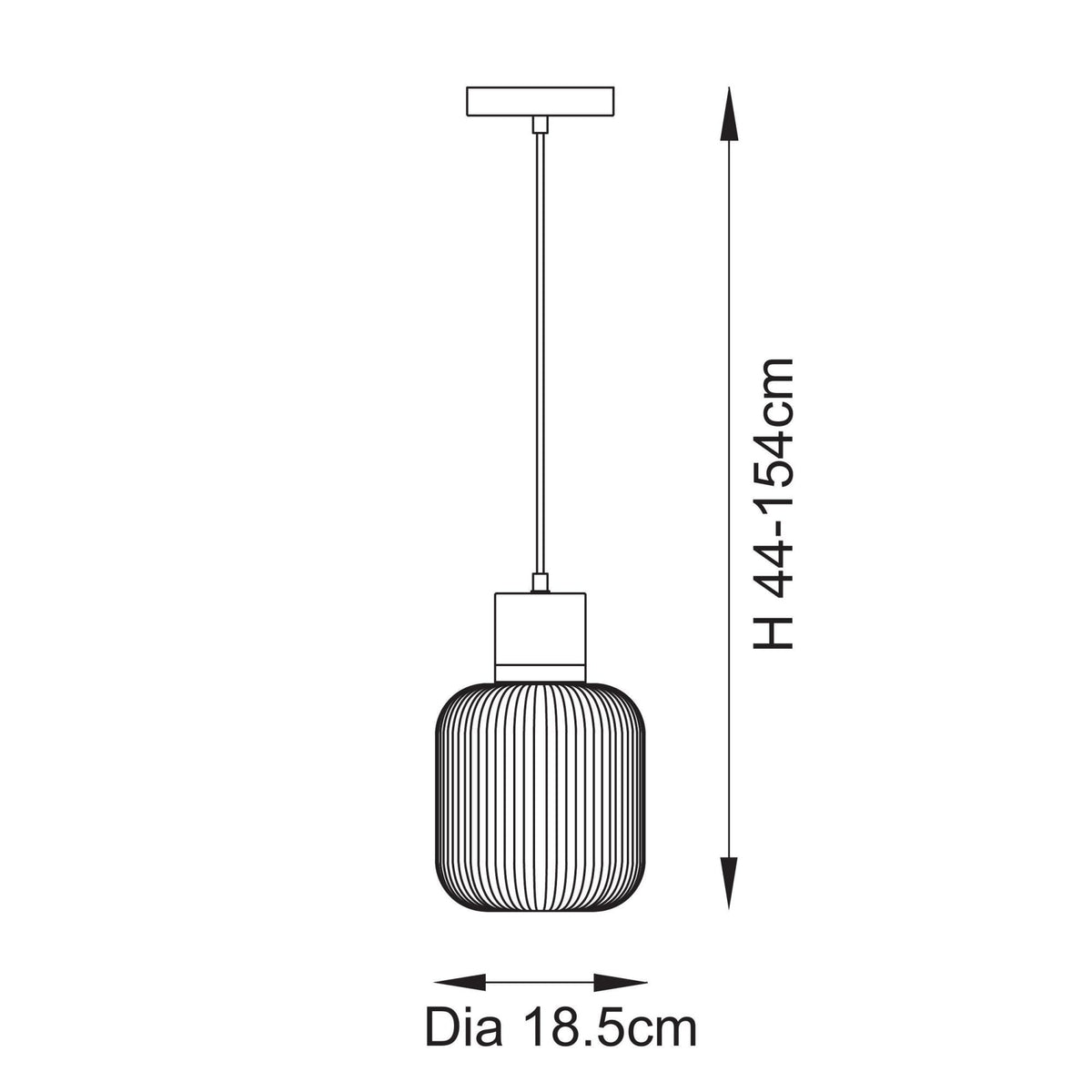 Diagram showing the dimensions of the ribbed glass pendant light, with a height of 44-154cm and diameter of 18.5cm.