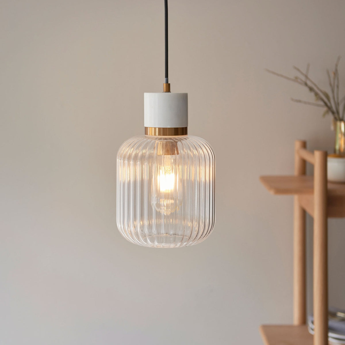 Travi Single Drop Pendant in Vintage Brass & White Volaskas Marble with Clear Ribbed Glass Shade