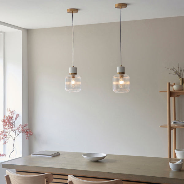 Travi Single Drop Pendant in Vintage Brass & White Volaskas Marble with Clear Ribbed Glass Shade