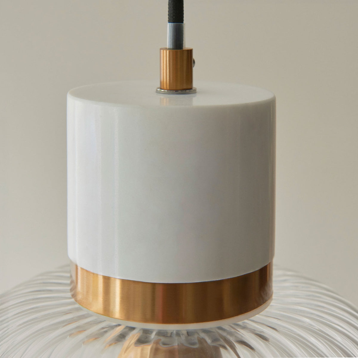 Travi Single Drop Pendant in Vintage Brass & White Volaskas Marble with Clear Ribbed Glass Shade