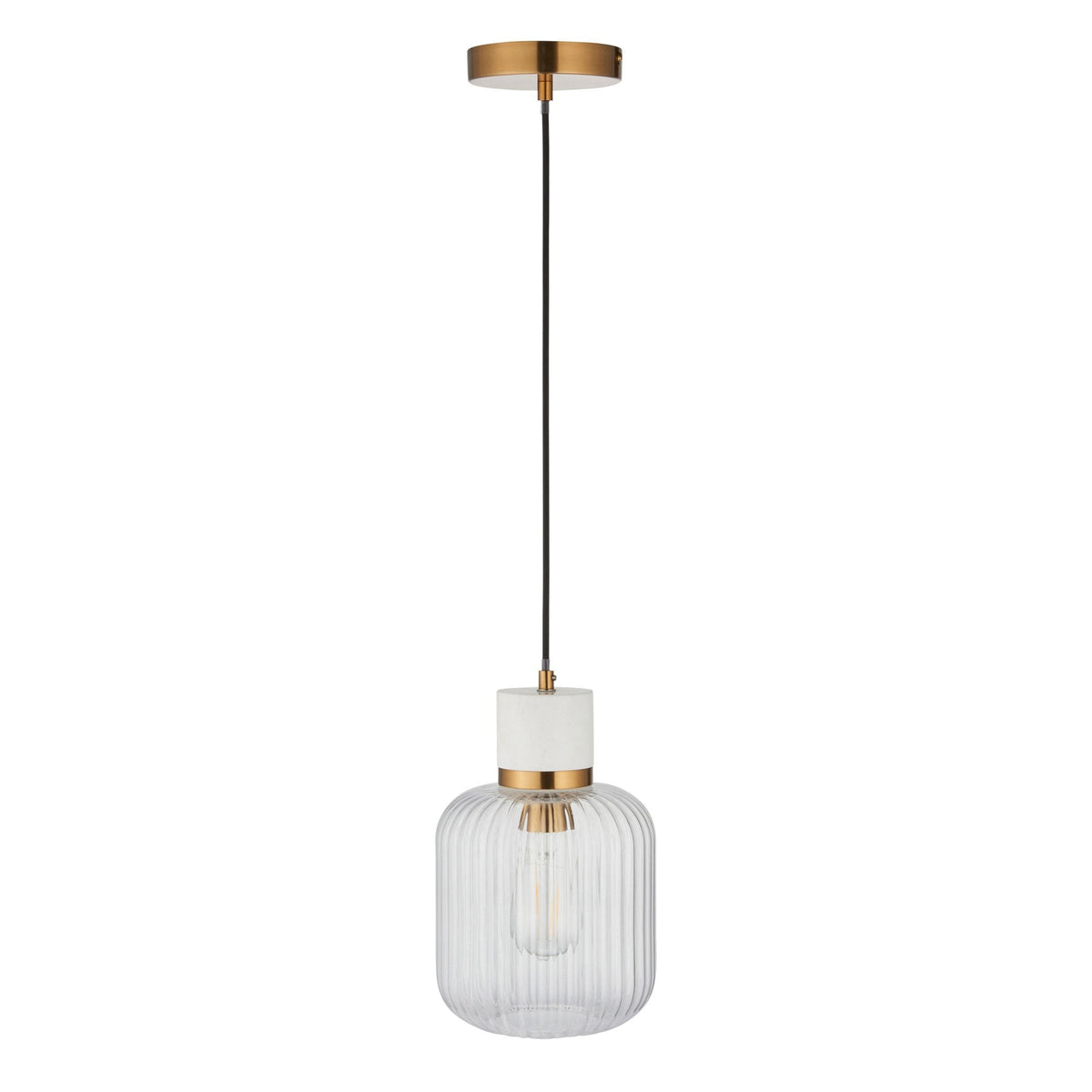 Travi Single Drop Pendant in Vintage Brass & White Volaskas Marble with Clear Ribbed Glass Shade