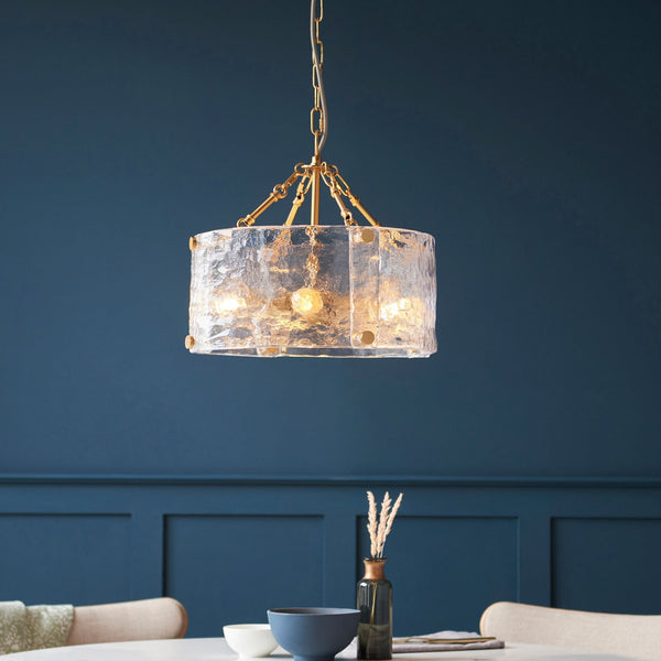 Keller Four Lamp Pendant in Brushed Aged Brass with Handmade Clear Textured Curved Glass Panels
