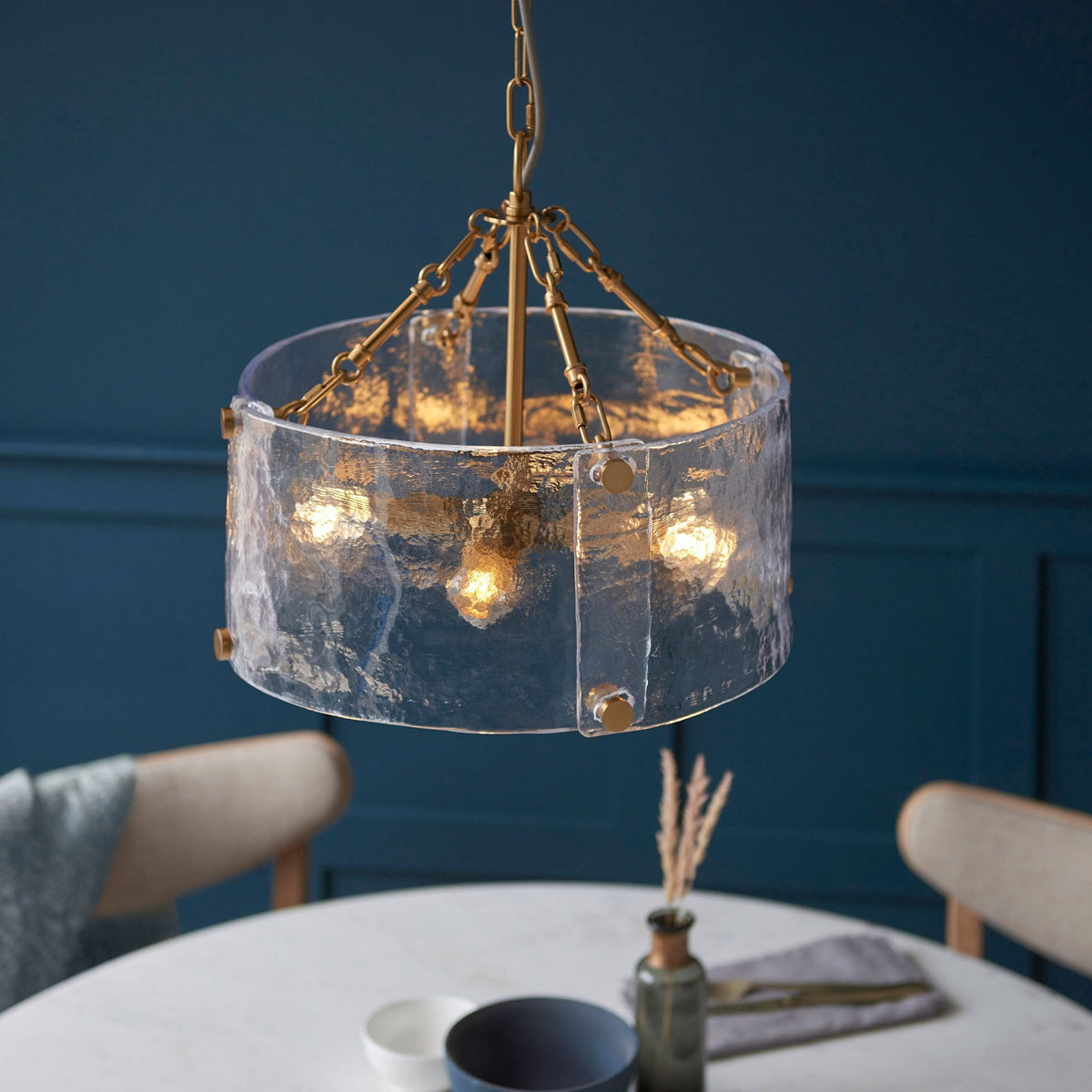 Keller Four Lamp Pendant in Brushed Aged Brass with Handmade Clear Textured Curved Glass Panels