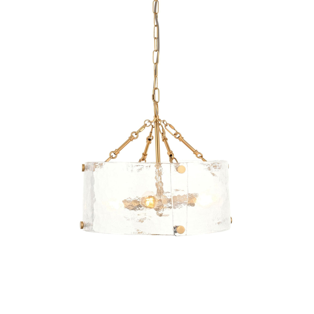 Keller Four Lamp Pendant in Brushed Aged Brass with Handmade Clear Textured Curved Glass Panels