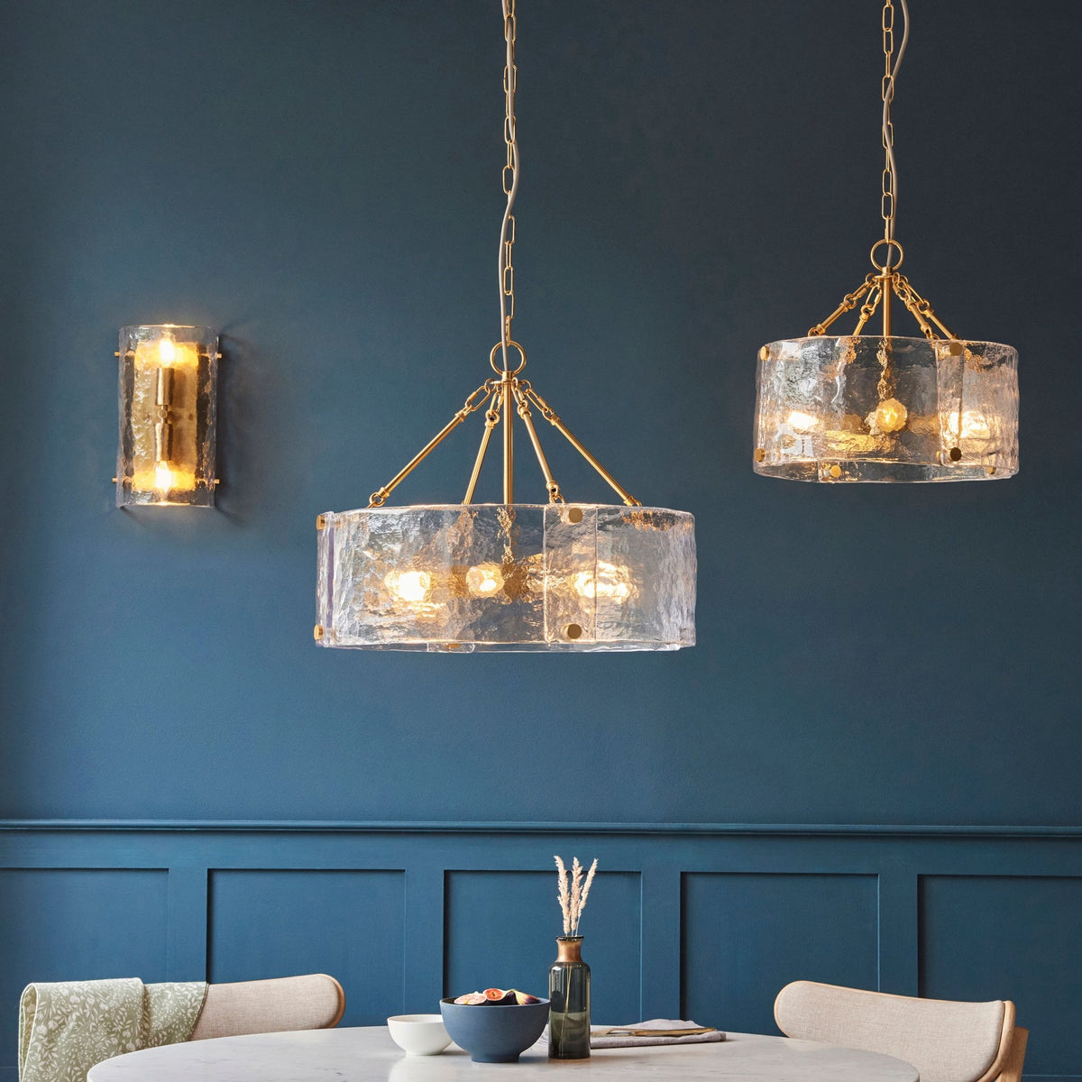 Keller Four Lamp Pendant in Brushed Aged Brass with Handmade Clear Textured Curved Glass Panels