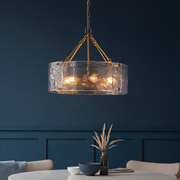 Keller Six Lamp Pendant in Brushed Aged Brass with Handmade Clear Textured Curved Glass Panels