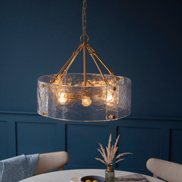 Keller Six Lamp Pendant in Brushed Aged Brass with Handmade Clear Textured Curved Glass Panels