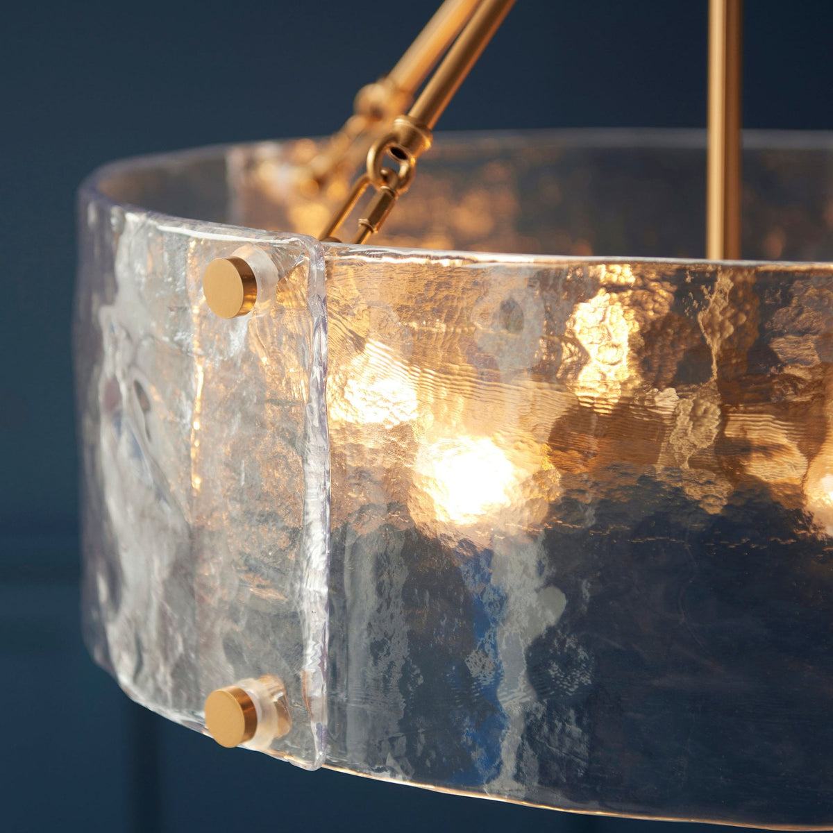 Keller Six Lamp Pendant in Brushed Aged Brass with Handmade Clear Textured Curved Glass Panels