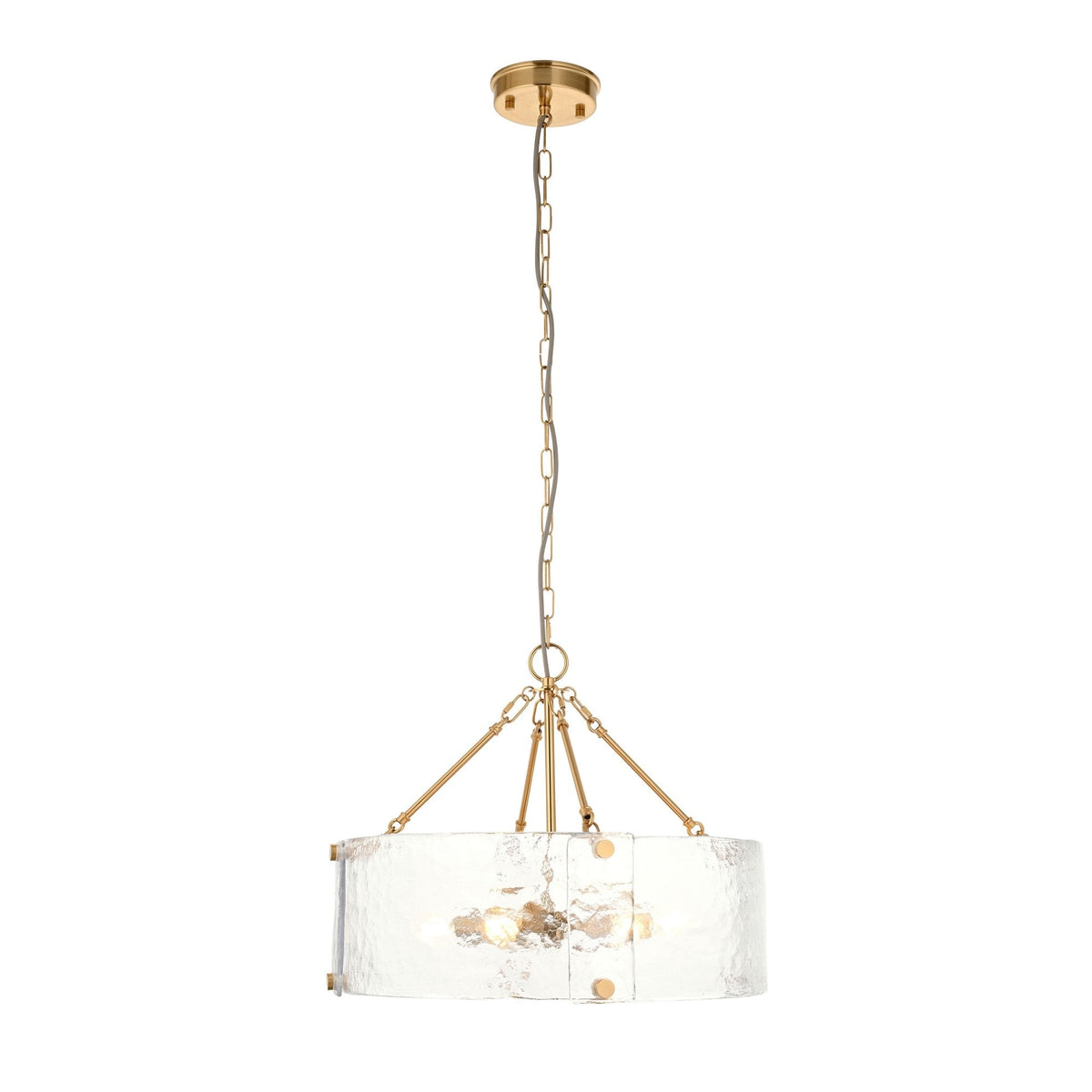 Keller Six Lamp Pendant in Brushed Aged Brass with Handmade Clear Textured Curved Glass Panels