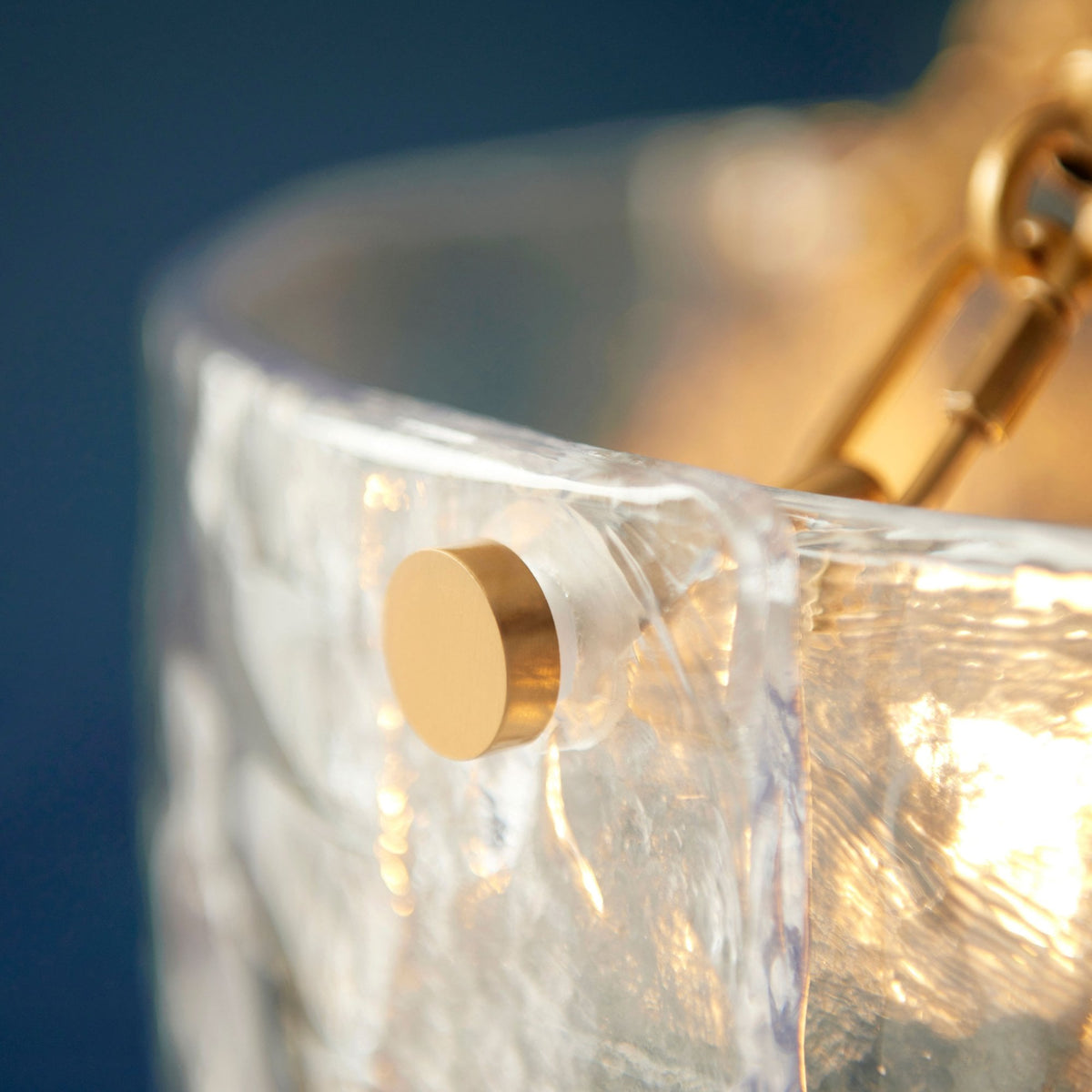 Keller Six Lamp Pendant in Brushed Aged Brass with Handmade Clear Textured Curved Glass Panels