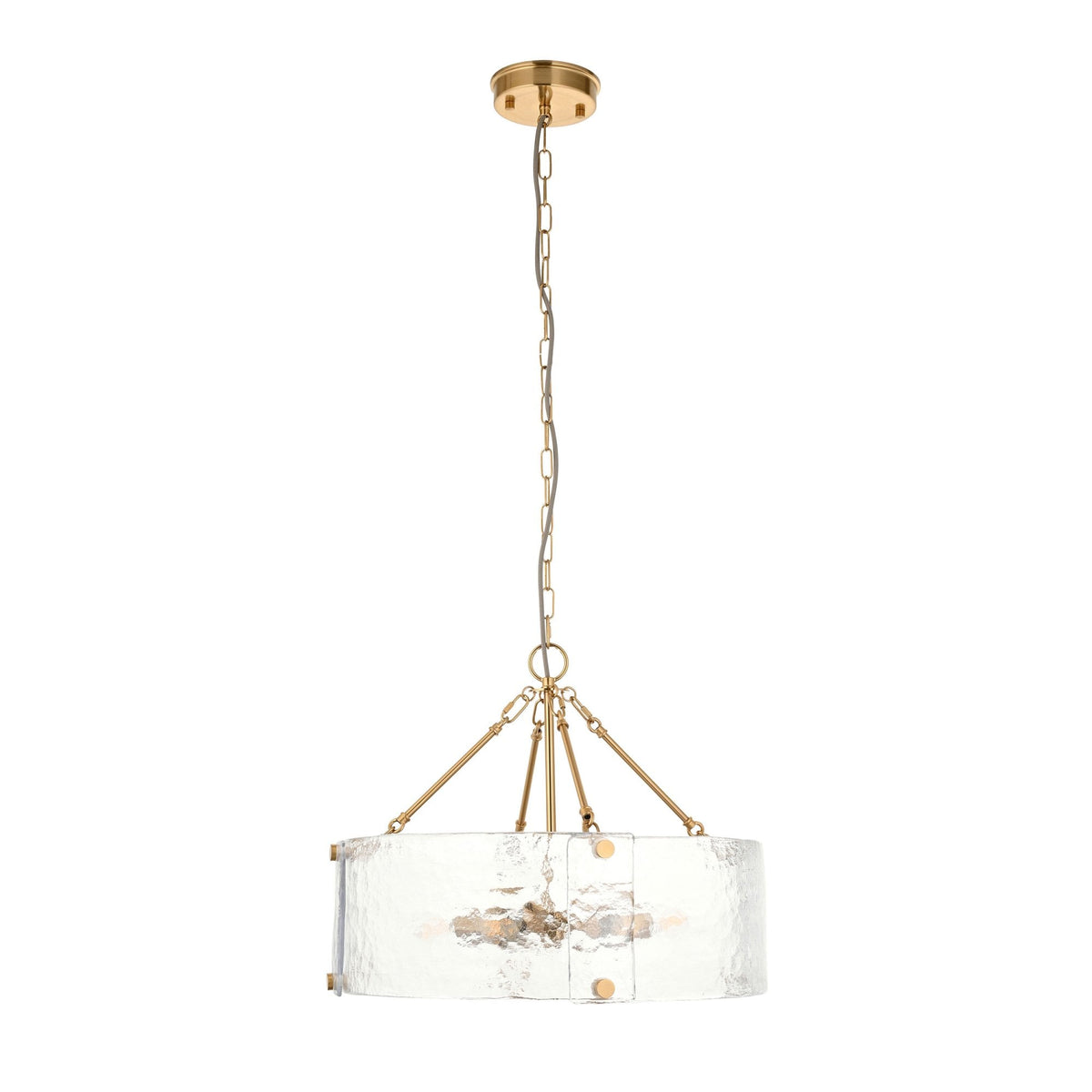 Keller Six Lamp Pendant in Brushed Aged Brass with Handmade Clear Textured Curved Glass Panels
