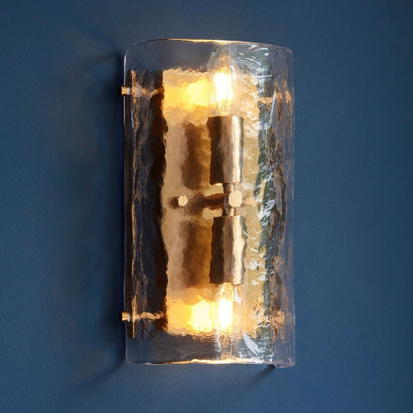 Keller Wall Light in Brushed Aged Brass with Handmade Clear Textured Curved Glass Panel